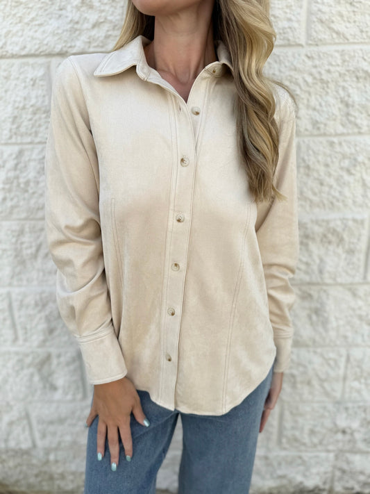 Stitch Detail Button Vegan Suede Shirt - Ecru