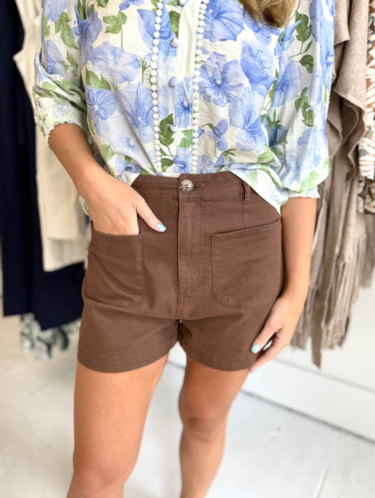 Oleta Button Shorts-  Brown