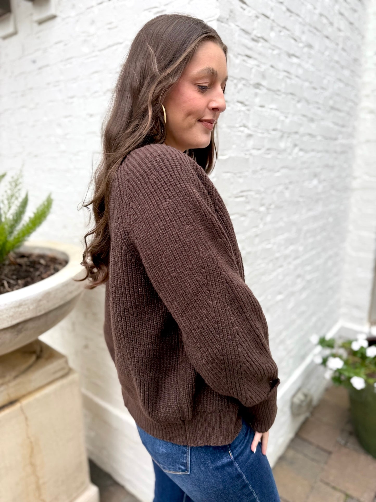 Brown Open Front Knit Cardigan