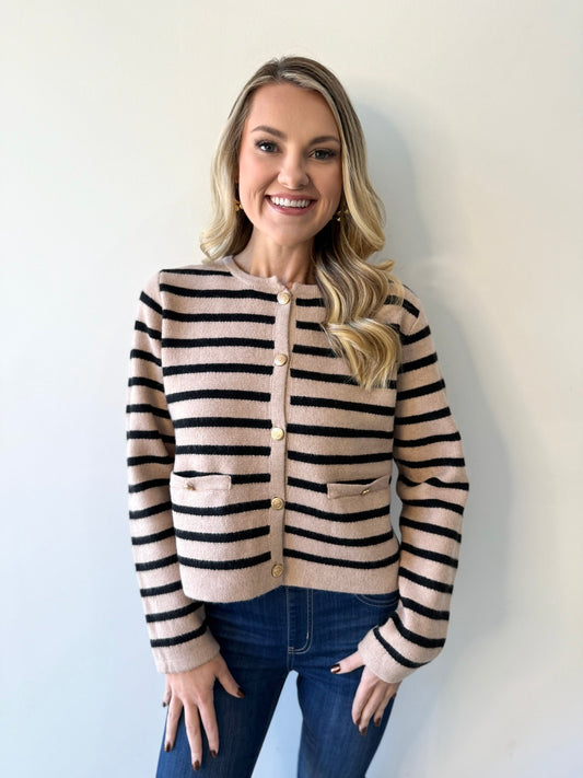 Quinn Striped Crop Cardigan - Taupe