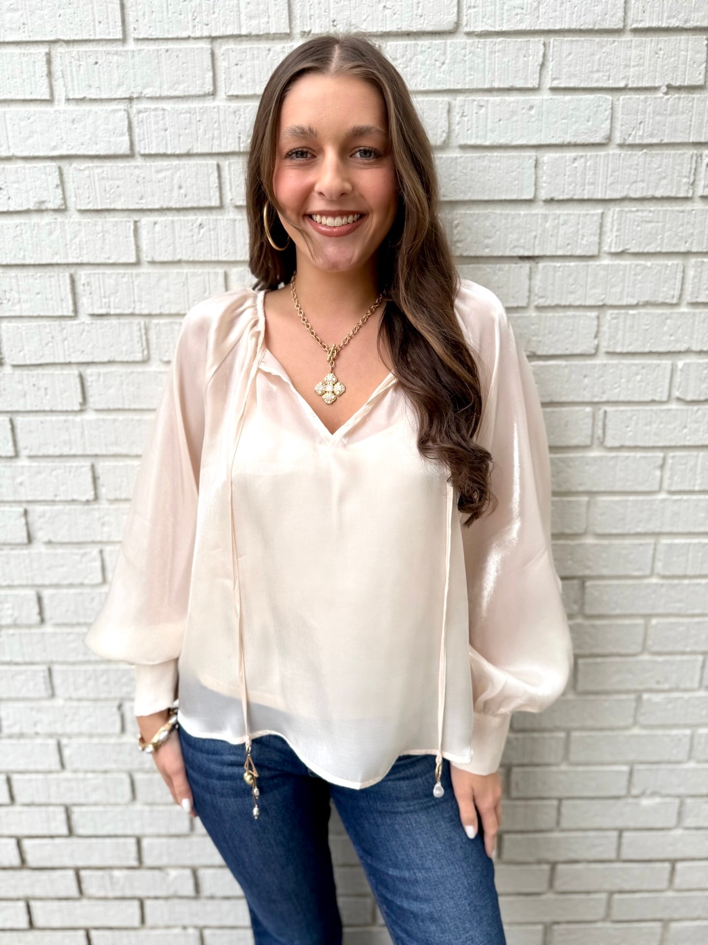 Solid Sheen Peasant Top