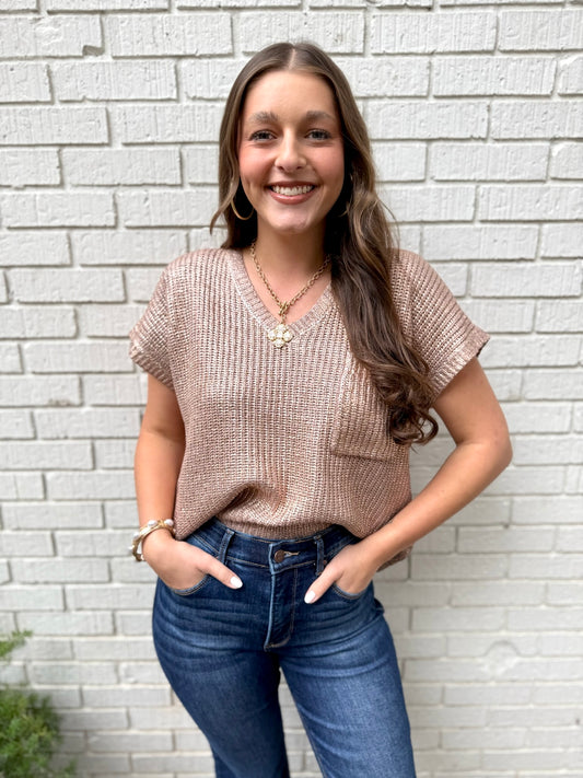 V Neck Metallic Sweater - Mocha Gold
