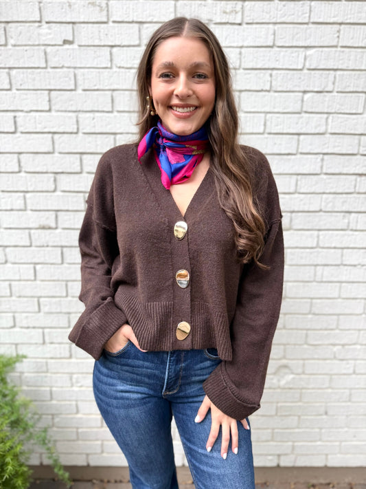 Accent Button Down Knit Cardigan - Brown