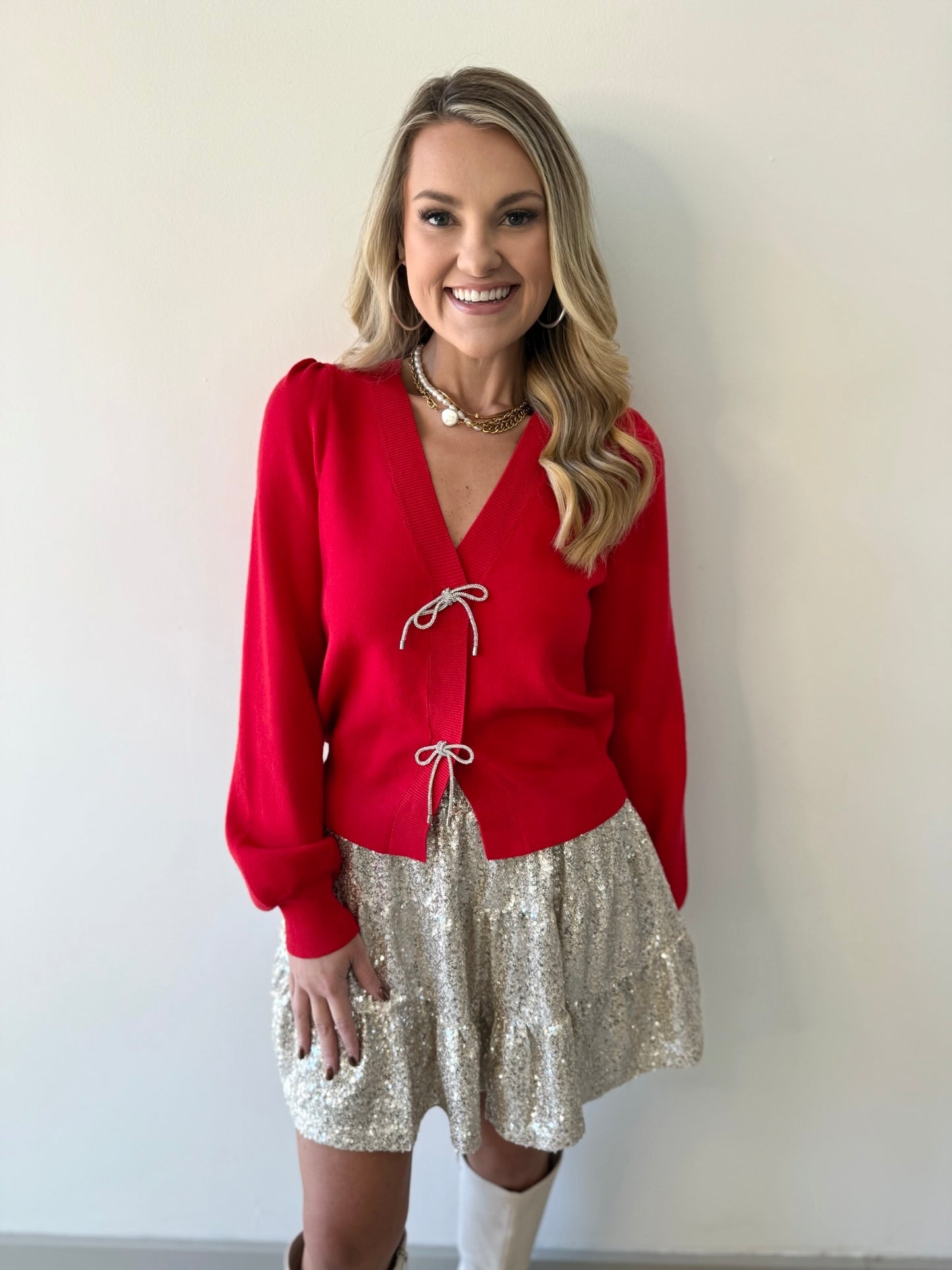 Delicate Ribbon Trim Knit Cardigan - Red