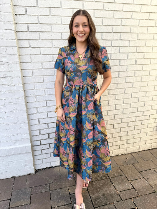 Collared Jacquard Print Dress