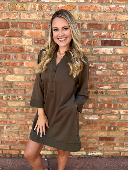 Olive Mix Match Collared Shift Dress