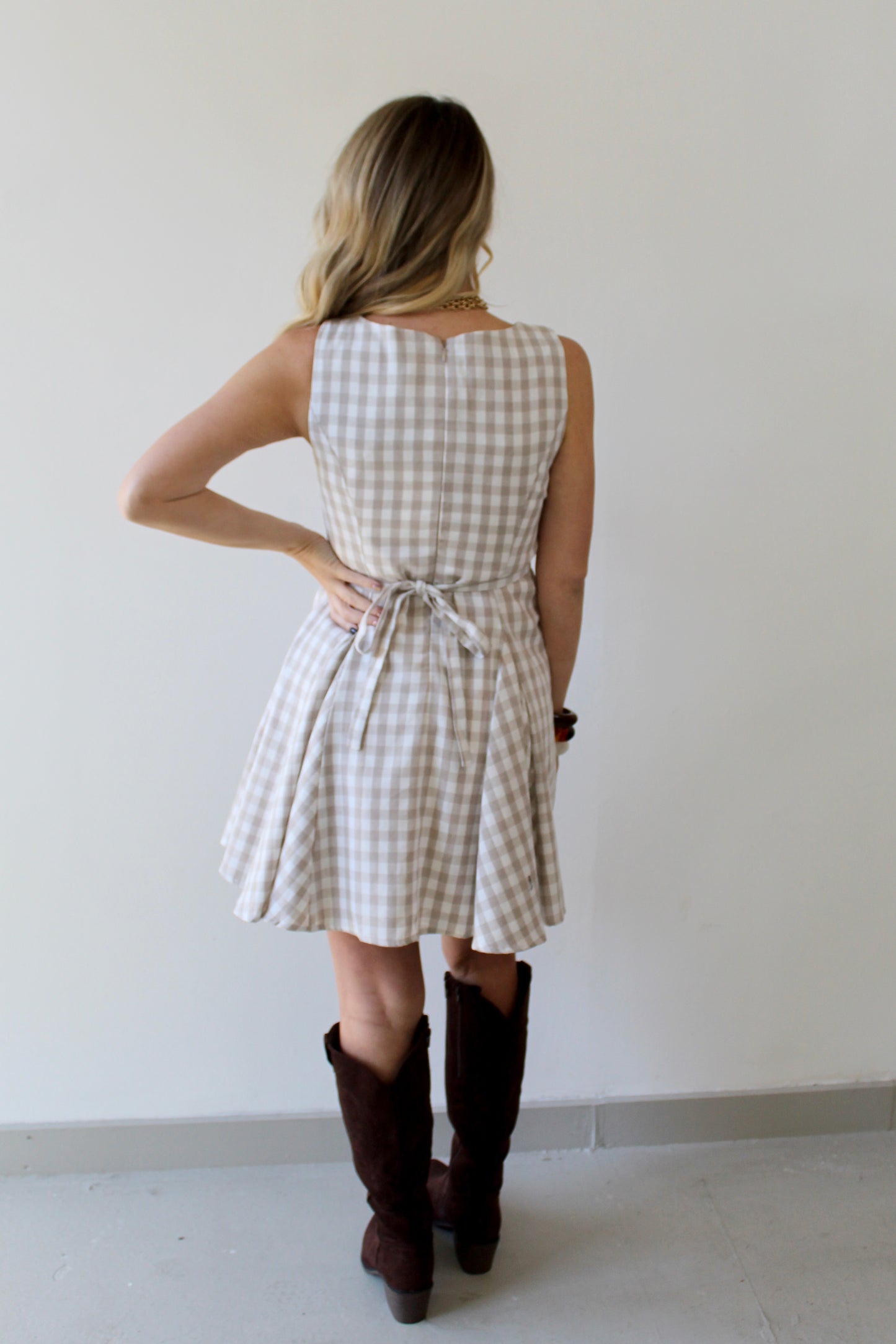 Gingham Mini Swing Dress - Beige