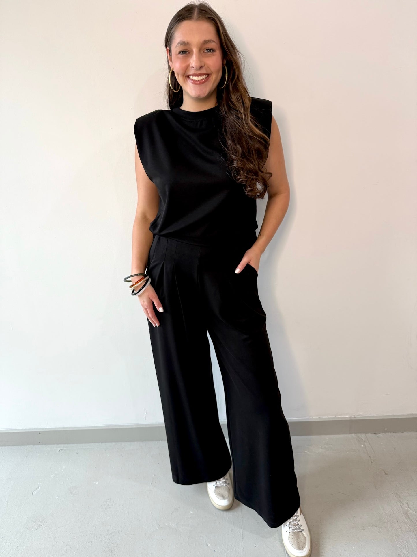 Ruched Top & Pleated Wide Leg Set - Black