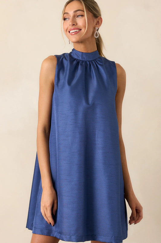 Satin A Line Halter Dress - Navy