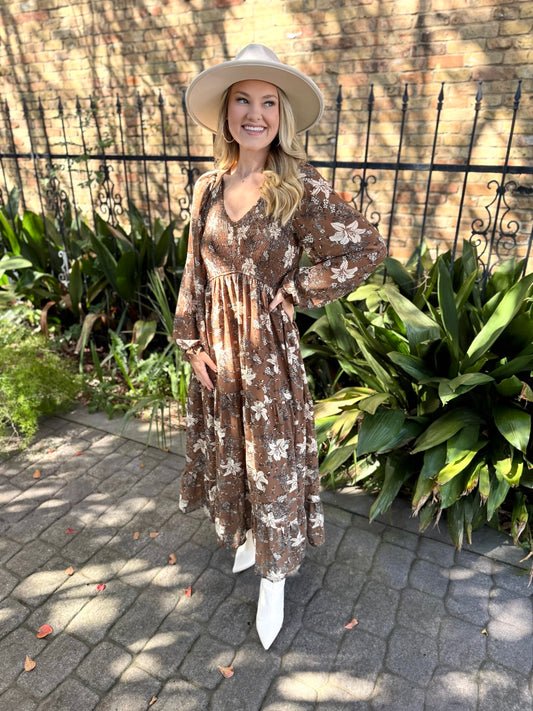 Mocha Mousse Smocked Floral Midi