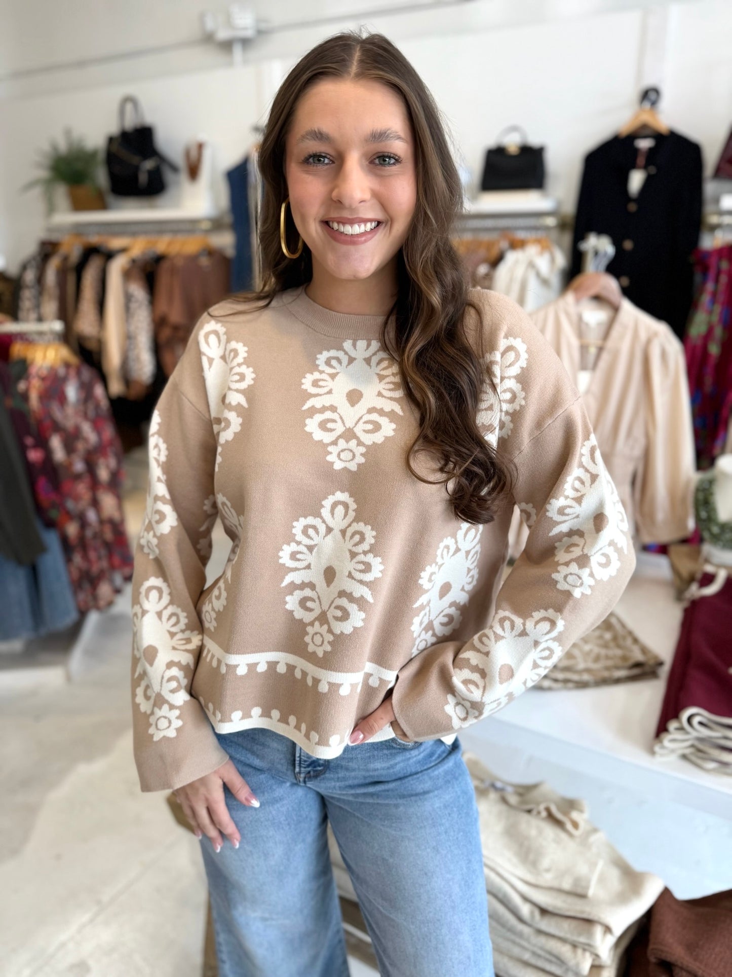 Ellie Printed Knit Sweater - Taupe