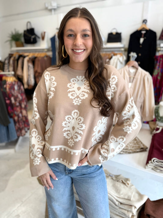 Ellie Printed Knit Sweater - Taupe