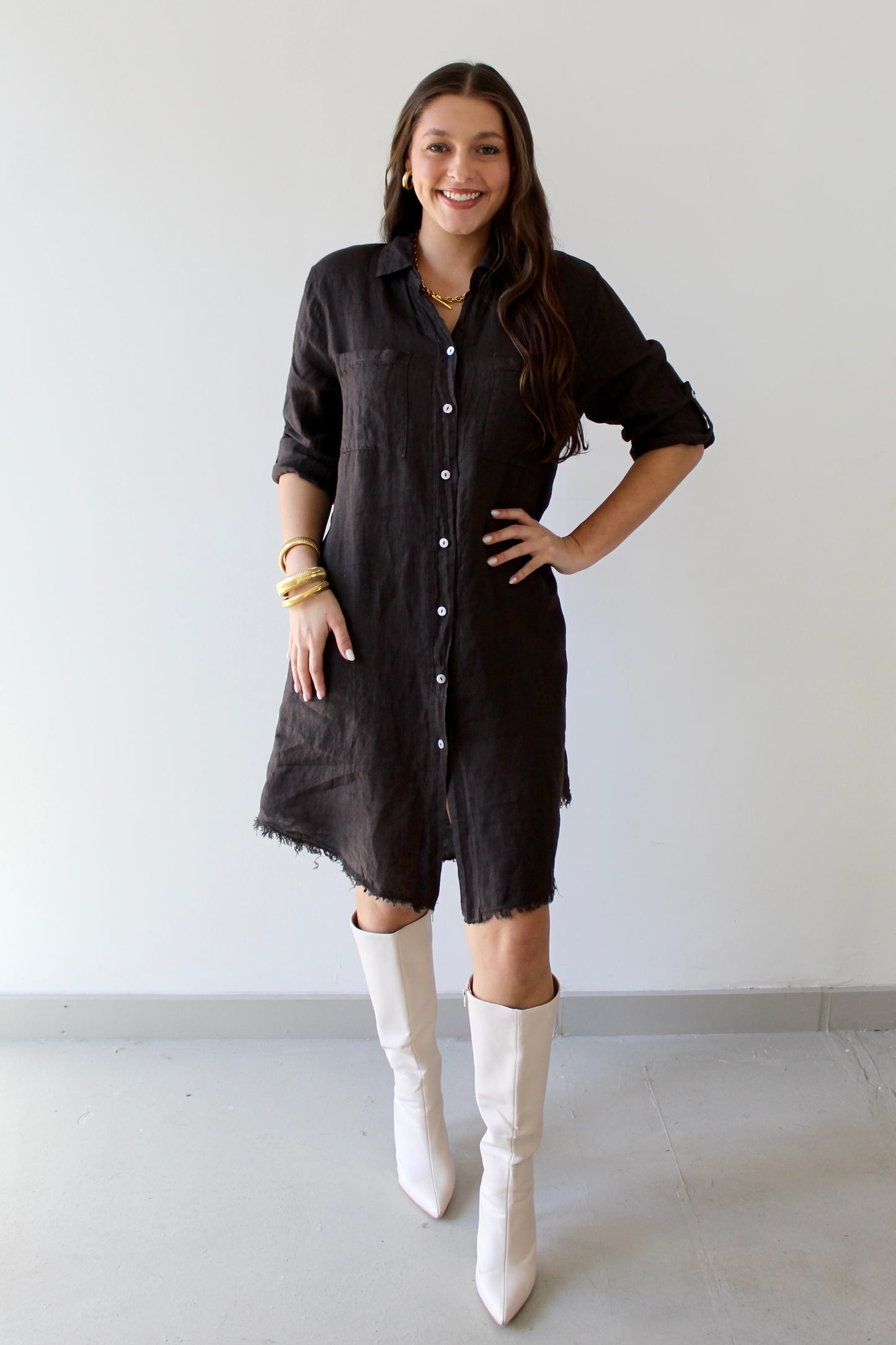 Linen Roll Tab Button Shirt Dress - Brown