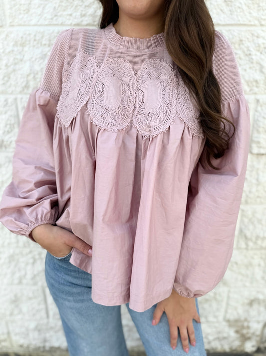 Lace Applique Long Slv Blouse - Mauve