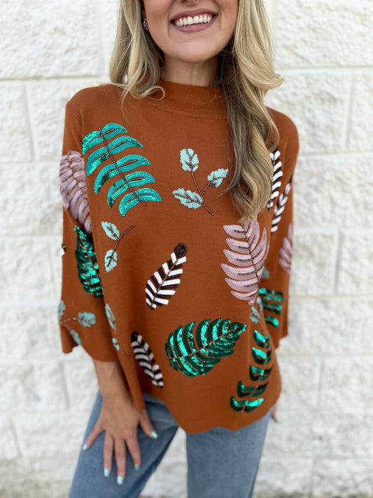 Sequin Embellished Mock Neck Sweater - Tan