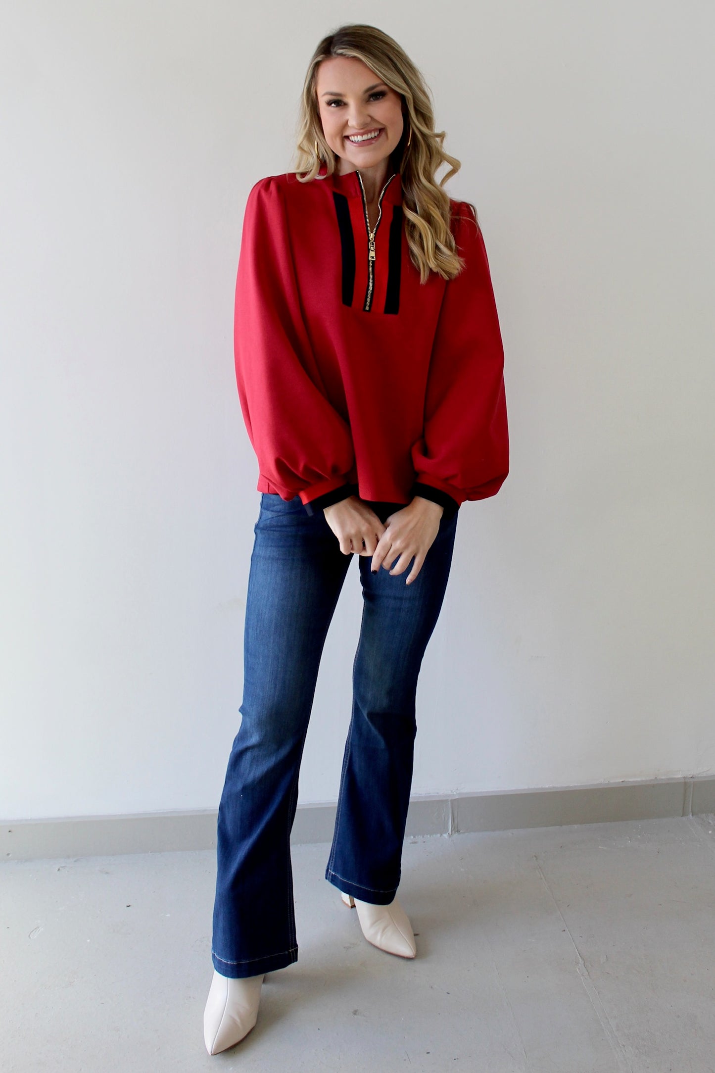 Color Rib Band Zip Top - Red
