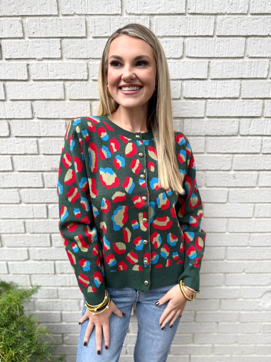 Animal Print Cardigan - Hunter Green