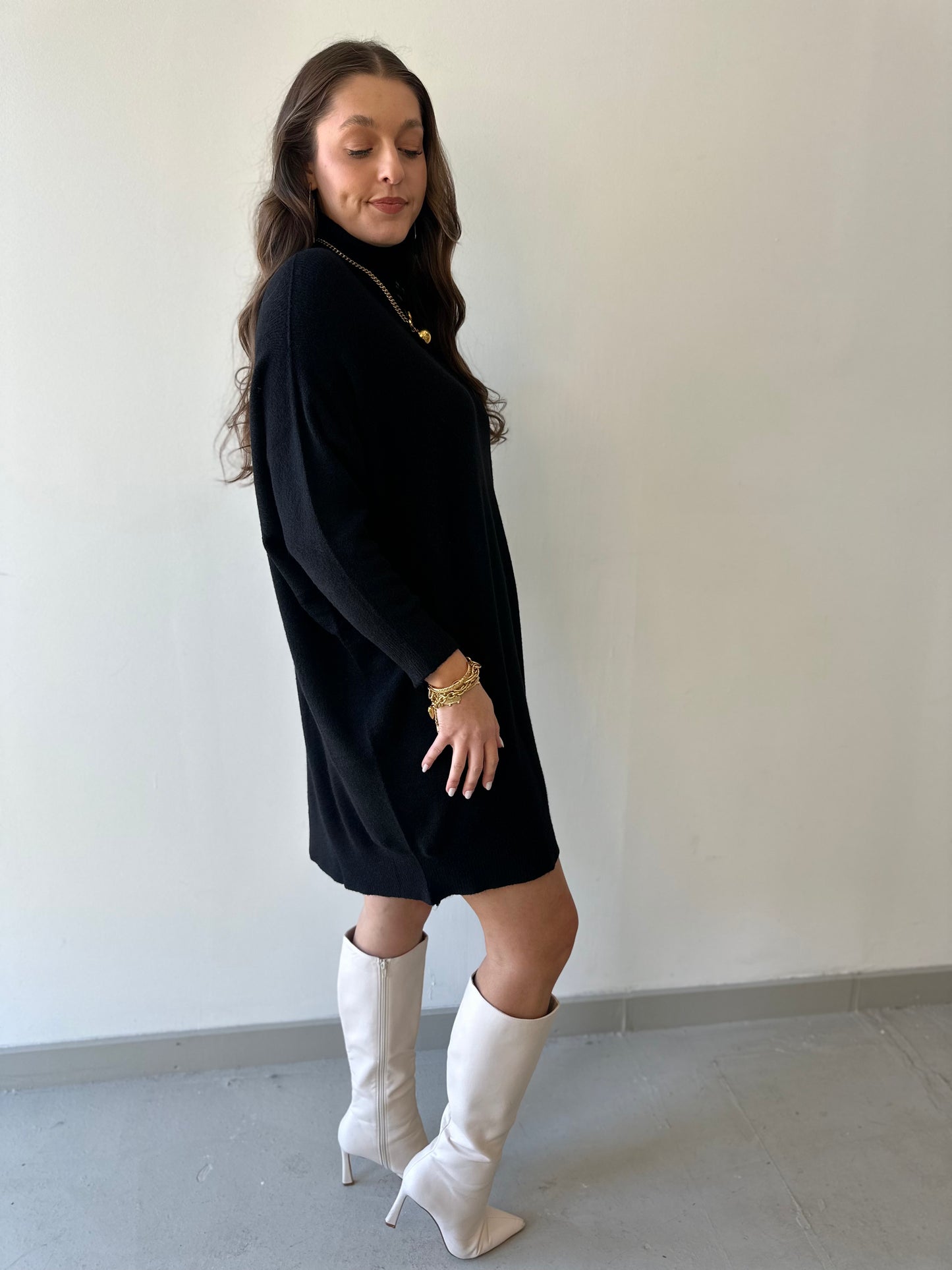 Italian Mock Neck Sweater Knit Dress - Black