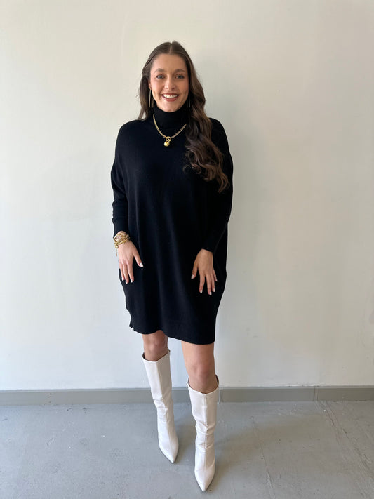 Italian Mock Neck Sweater Knit Dress - Black