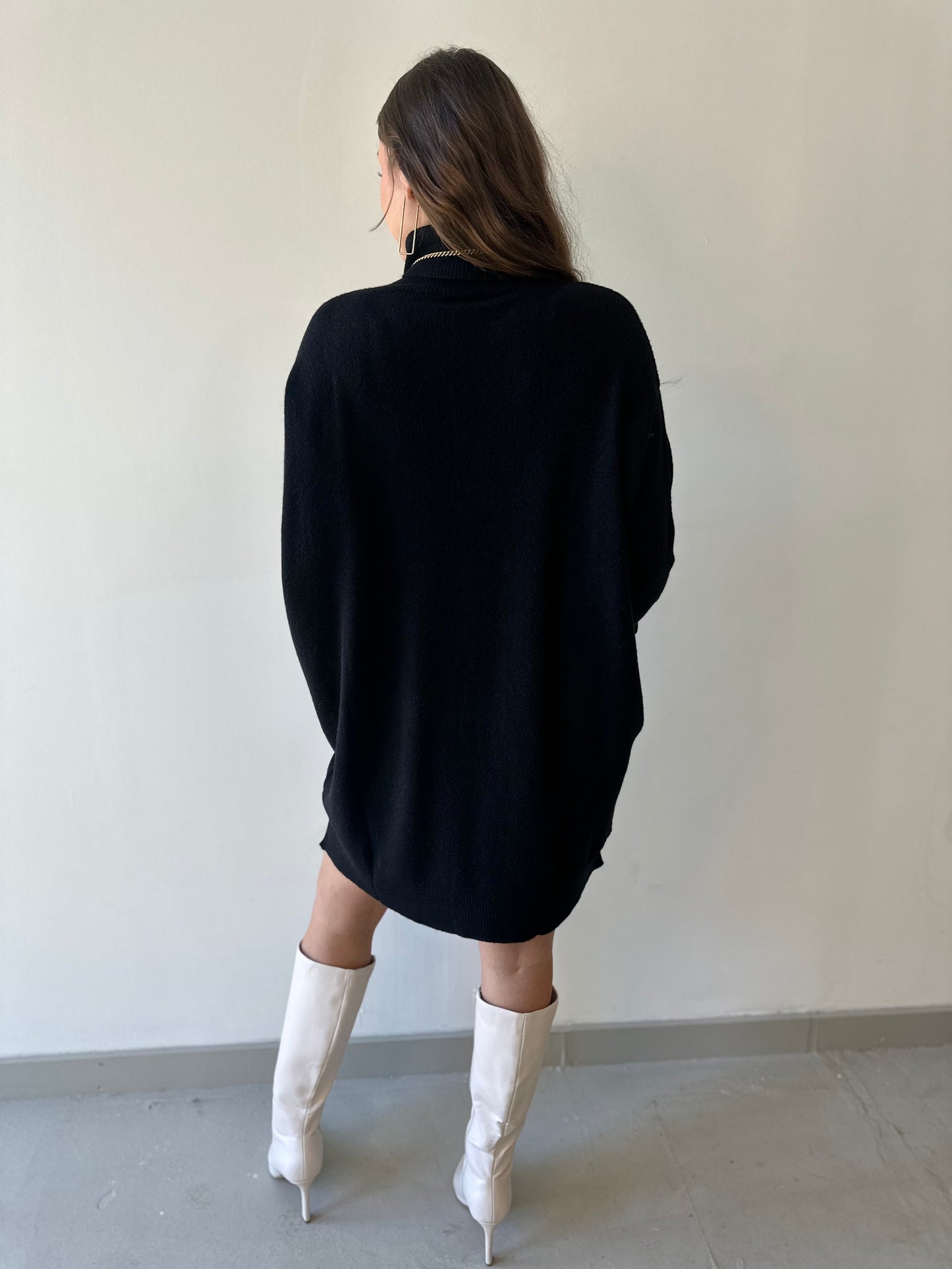 Italian Mock Neck Sweater Knit Dress - Black