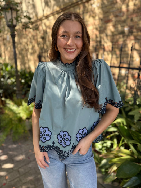 Floral Embroidered & Scallop Top