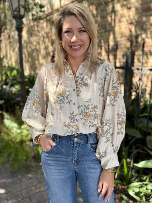 Classic Floral Pleated Shirt - Ecru
