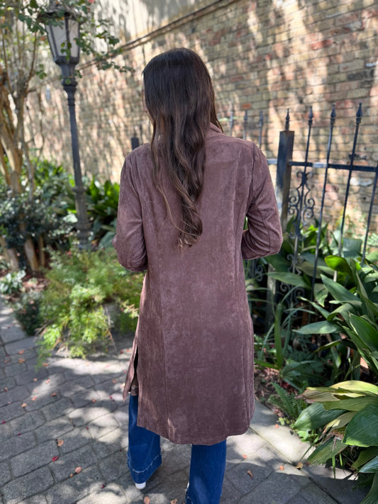 Adele Vegan Suede Duster Coat- Dark Brown