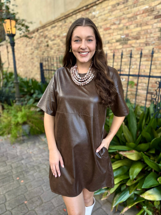 Vegan Leather A Line Dress - Brown