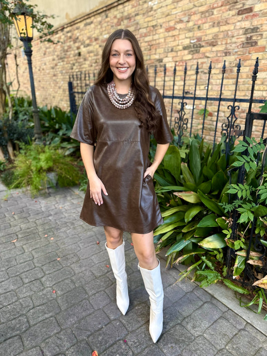 Vegan Leather A Line Dress - Brown