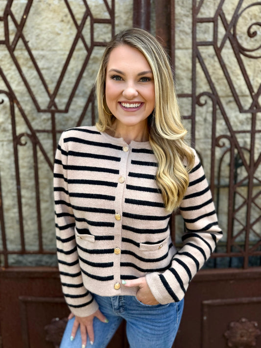 Quinn Striped Crop Cardigan - Taupe