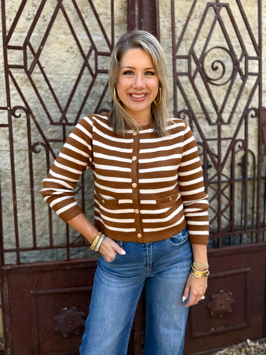 Quinn Striped Crop Cardigan - Brown