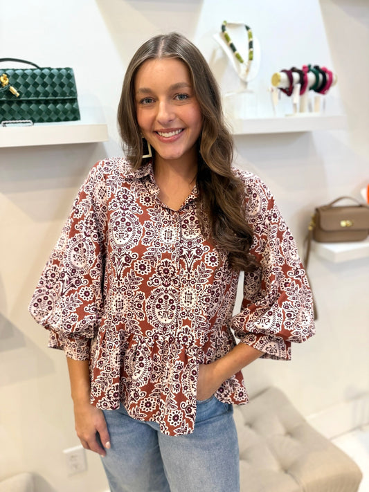 Boho Floral Peplum Top - Chocolate