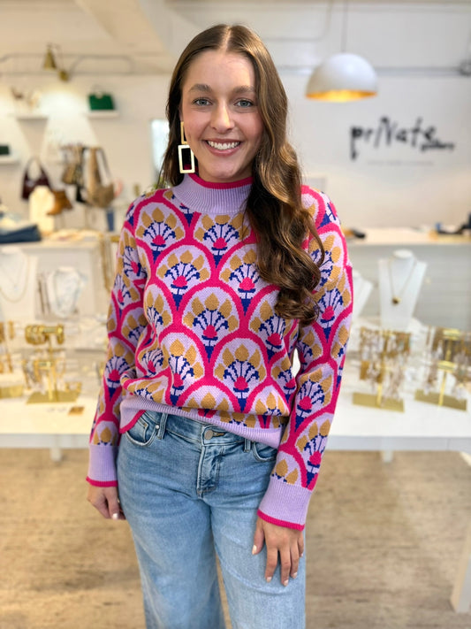 Cosy Accent Trim Print Sweater - Pink