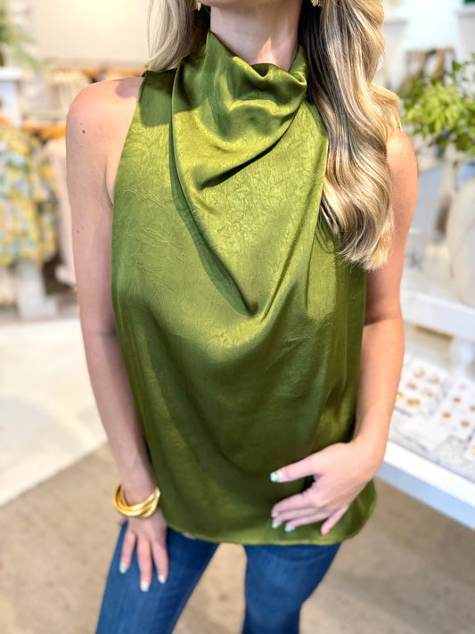 Rhia Draped Mock Neck Top - Olive