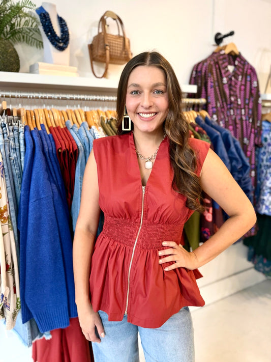 Smock Waist Peplum Zip Top - Rust