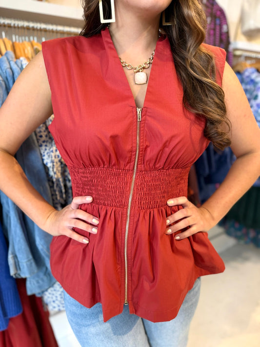 Smock Waist Peplum Zip Top - Rust