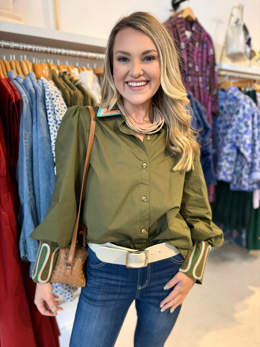Embroidery Accent Shirt  - Olive