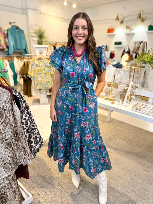 Natalie Teal Puff Sleeve Dress