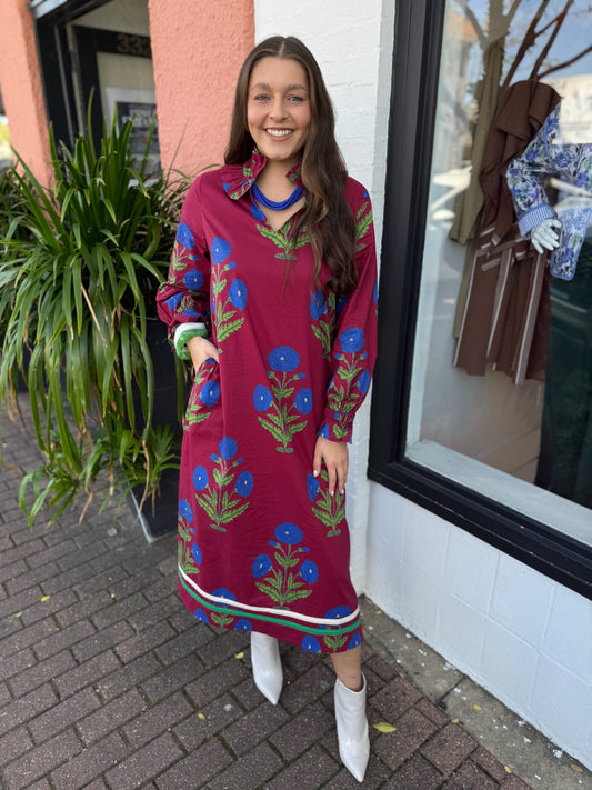 Ruffled High Neck Midi Dress - Burgandy