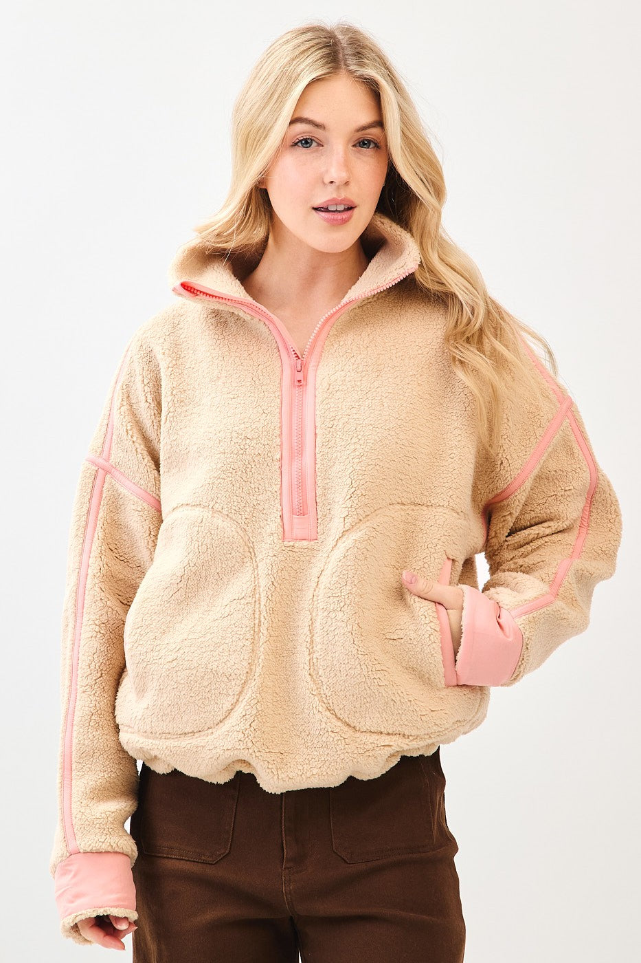 Beige Half Zip Fleece Sweatshirt