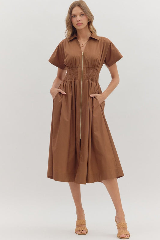 Oakley Smock Waist Dress-  Coffee