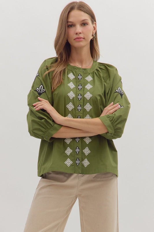 Grace Olive Button Top