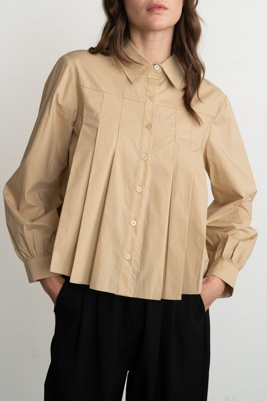 Pleated Poplin Button Down Shirt