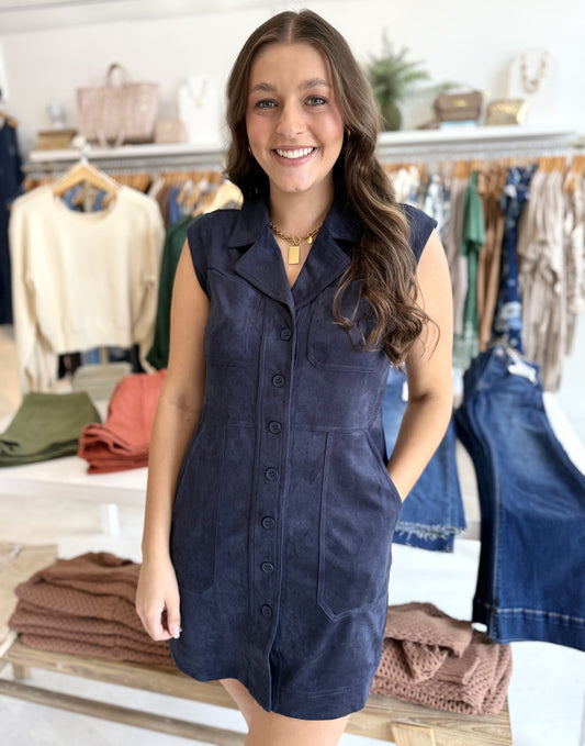 Caroline Vegan Suede Mini Dress - Navy
