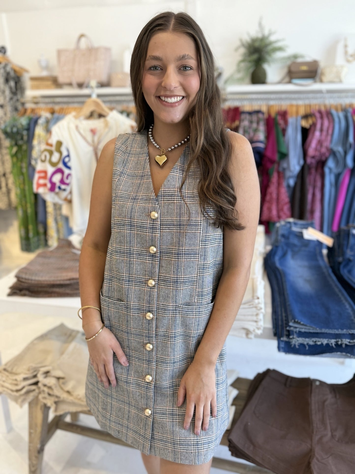 Plaid Button Front Vest Mini Dress