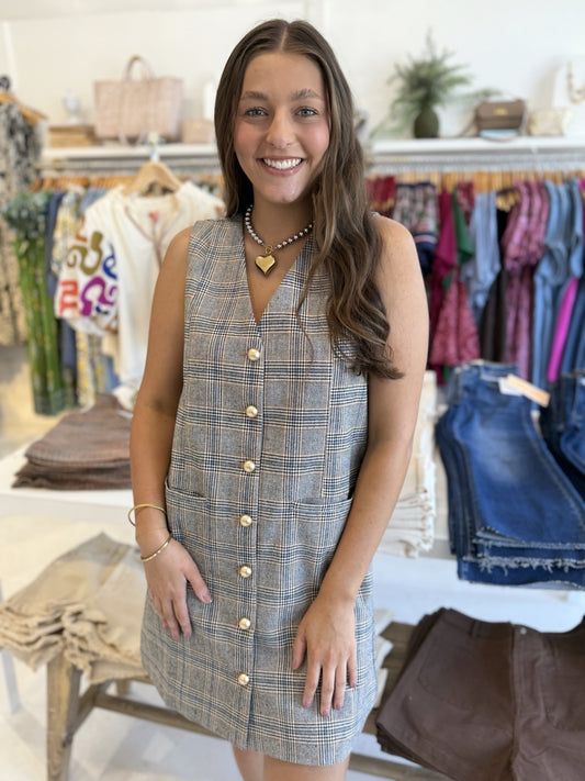 Plaid Button Front Vest Mini Dress