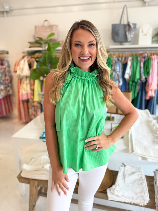 Bridget Green Jacq Stripe Ruffle Tie Top