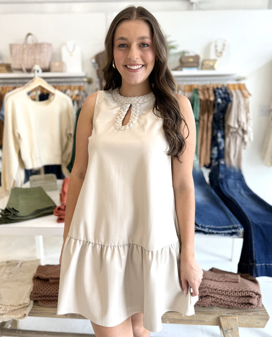 Ecru Braided Keyhole Vegan Leather Dress