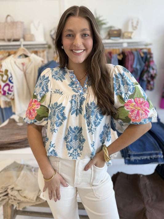 Emmy Embroidered Floral Print Top