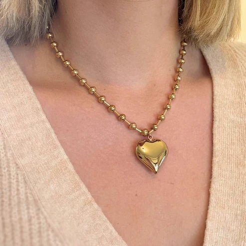 Gold Bead and Puff Heart Necklace - Private Gallery Boutique